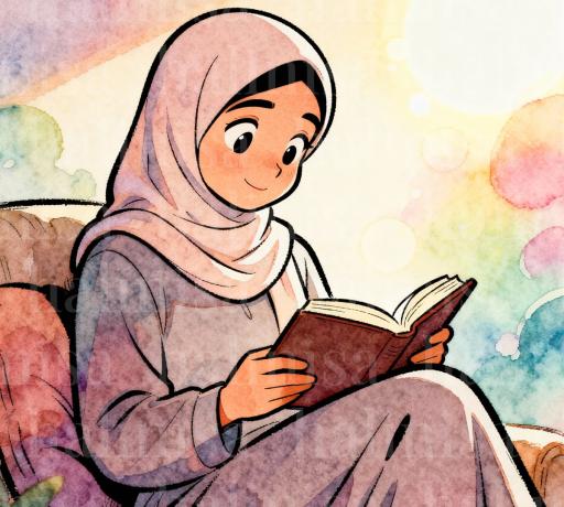 Pastel tarzda bir kadın karakterinin kitap okuyarak hayız ve adet döngüsü hakkında bilgi edindiğini gösteren ilustrasyon