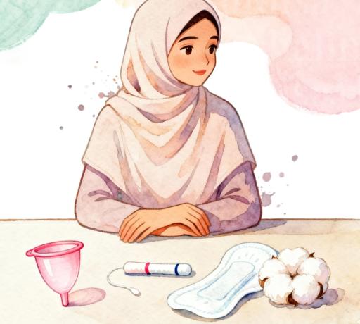 Müslüman kadın, adet döneminde kullanacağı ped, adet kabı ve tamponu inceliyor.